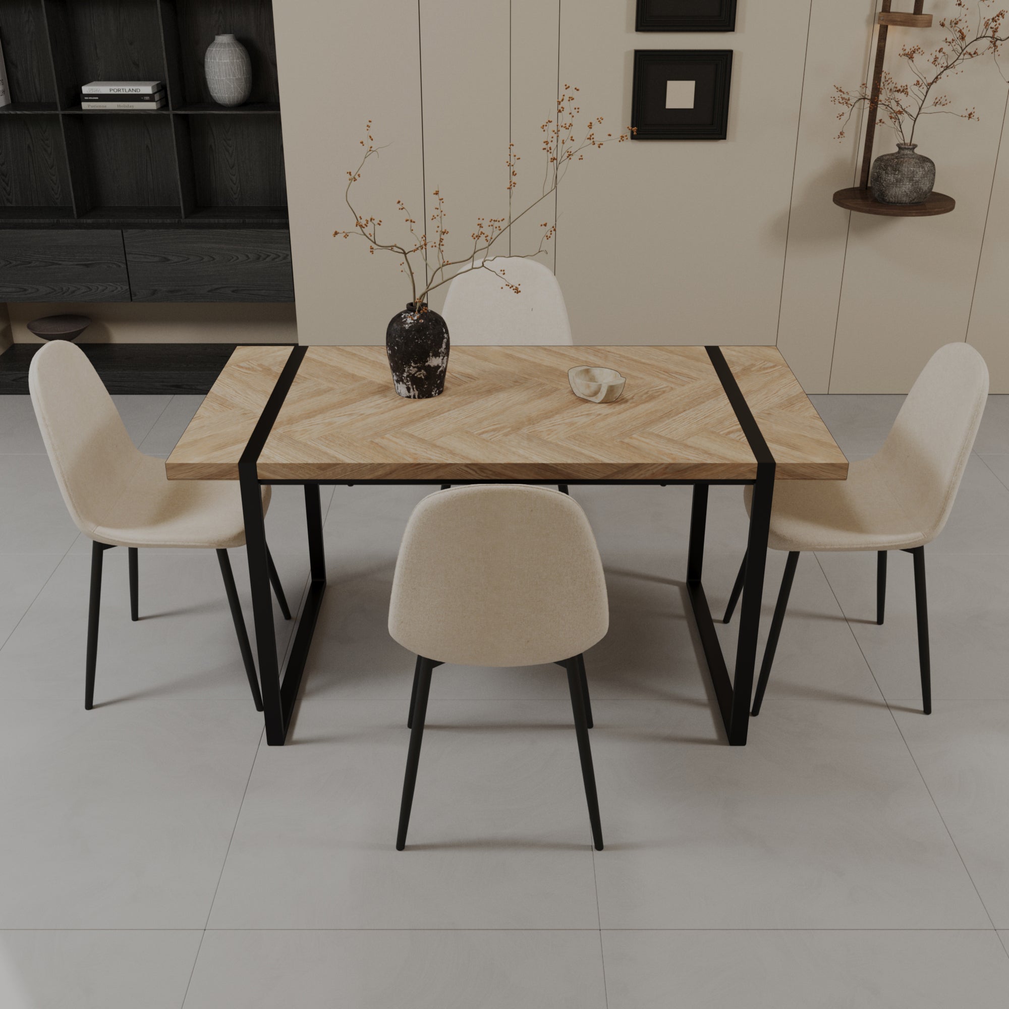 59" Modern Dining Table & 4 Suede Chairs Set