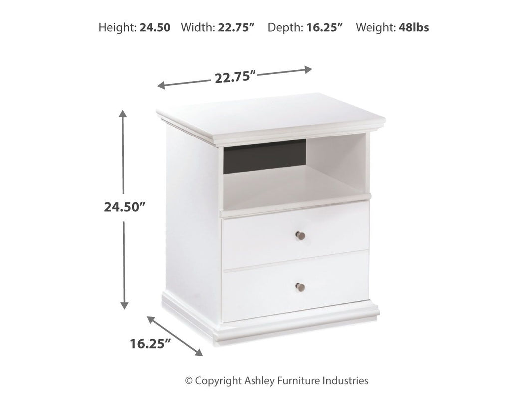 White one-drawer night stand with open shelf and size labels, front view