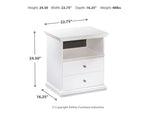 White one-drawer night stand with open shelf and size labels, front view