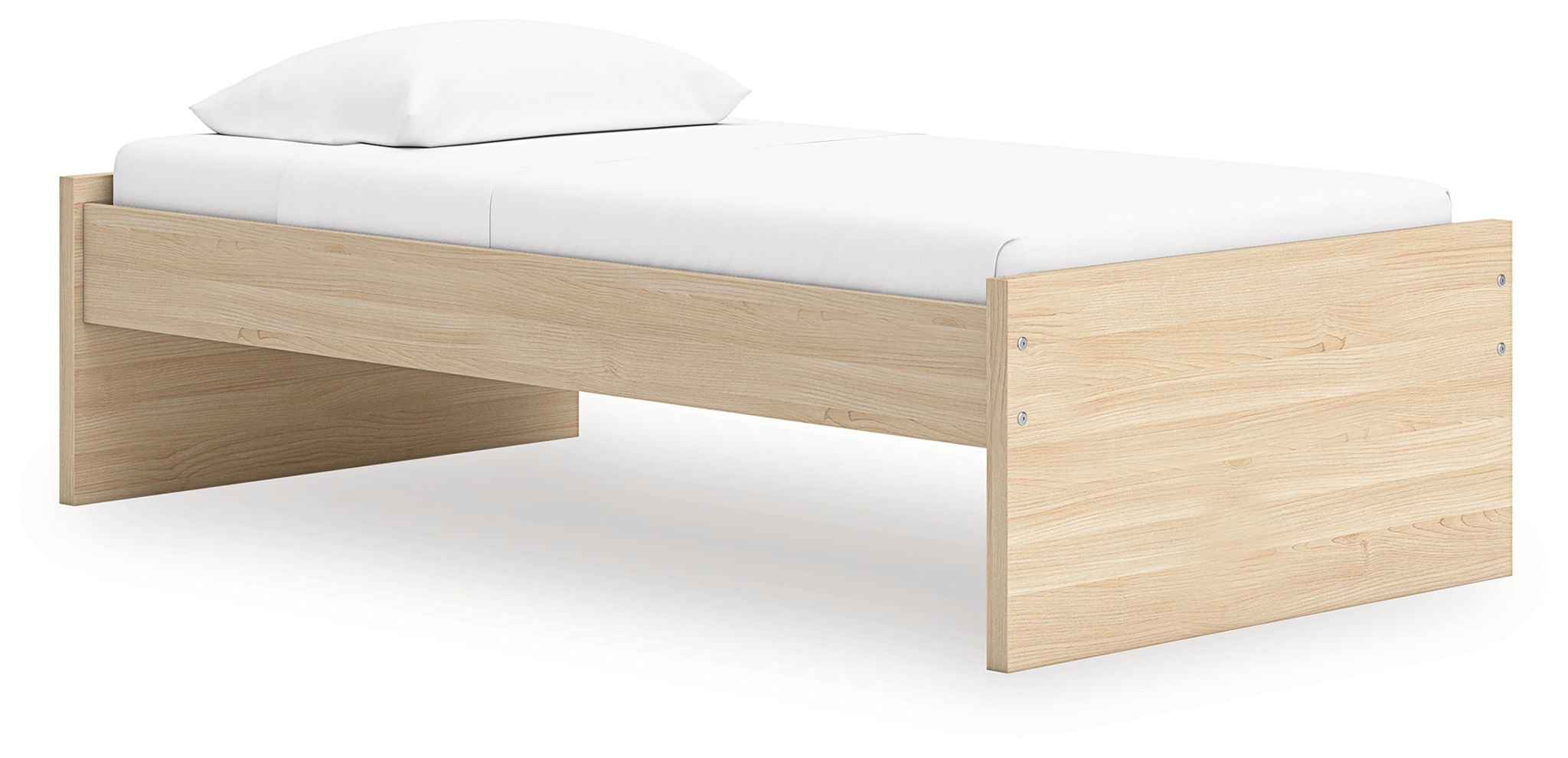Light brown platform bed with wood frame and one side storage panel