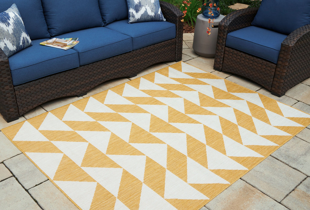 Yellow and white chevron rug with diamond block and zigzag pattern