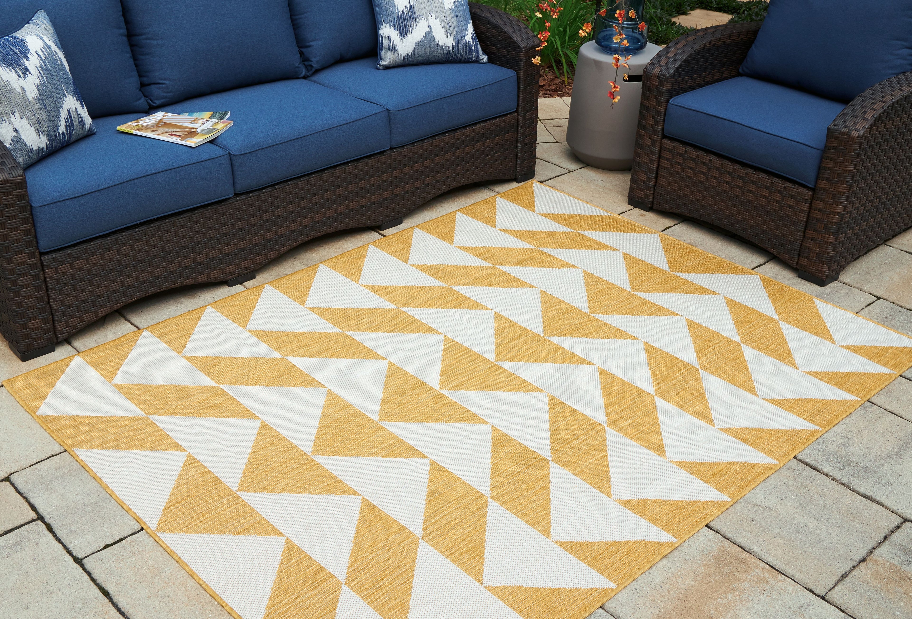 Yellow and white chevron rug with diamond block and zigzag pattern
