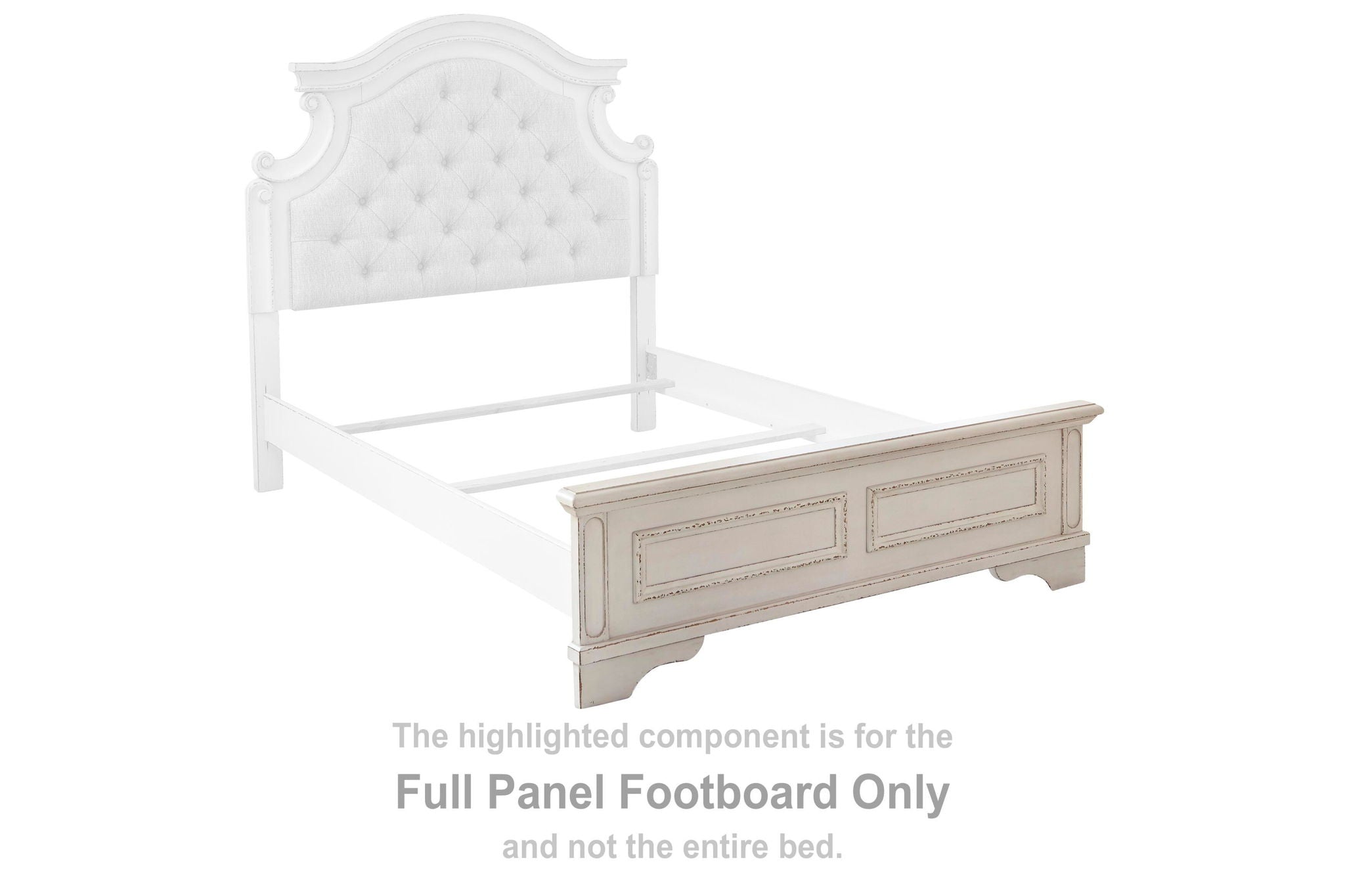 Chipped white full panel footboard with two cabinet-style doors
