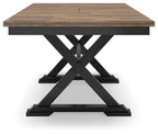Dark brown dining table with extension seams and black X-shaped base legs