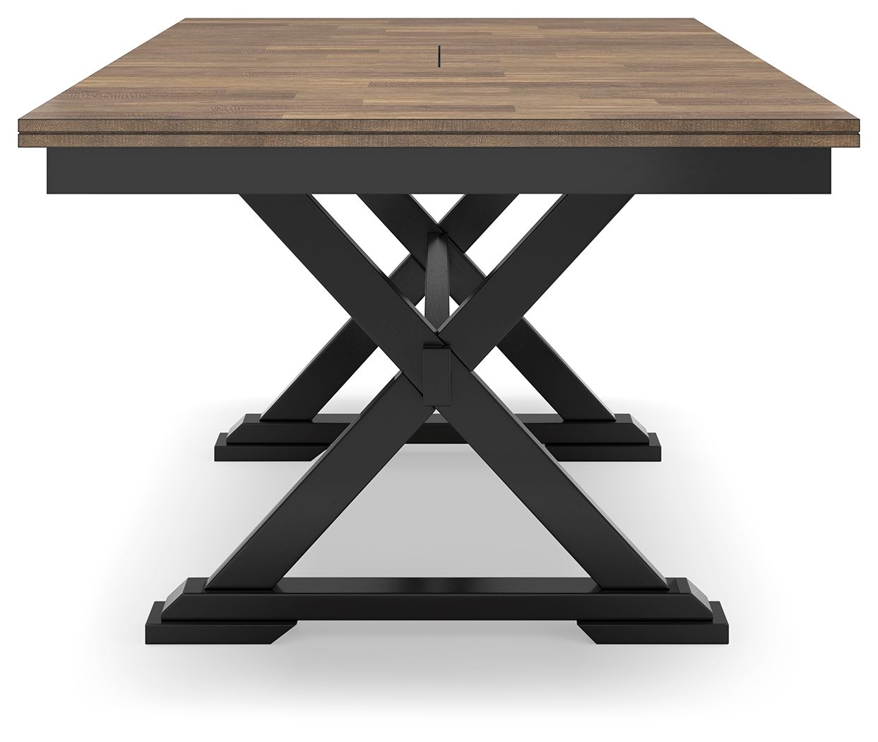 Dark brown dining table with extension seams and black X-shaped base legs