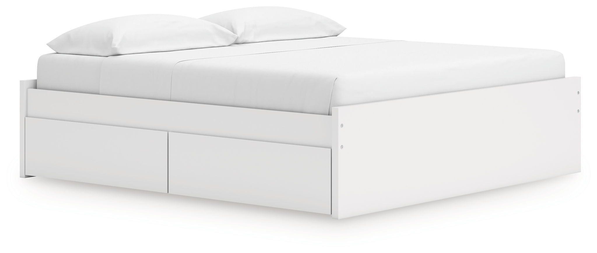 White platform bed with two center storage doors and a low, squared frame