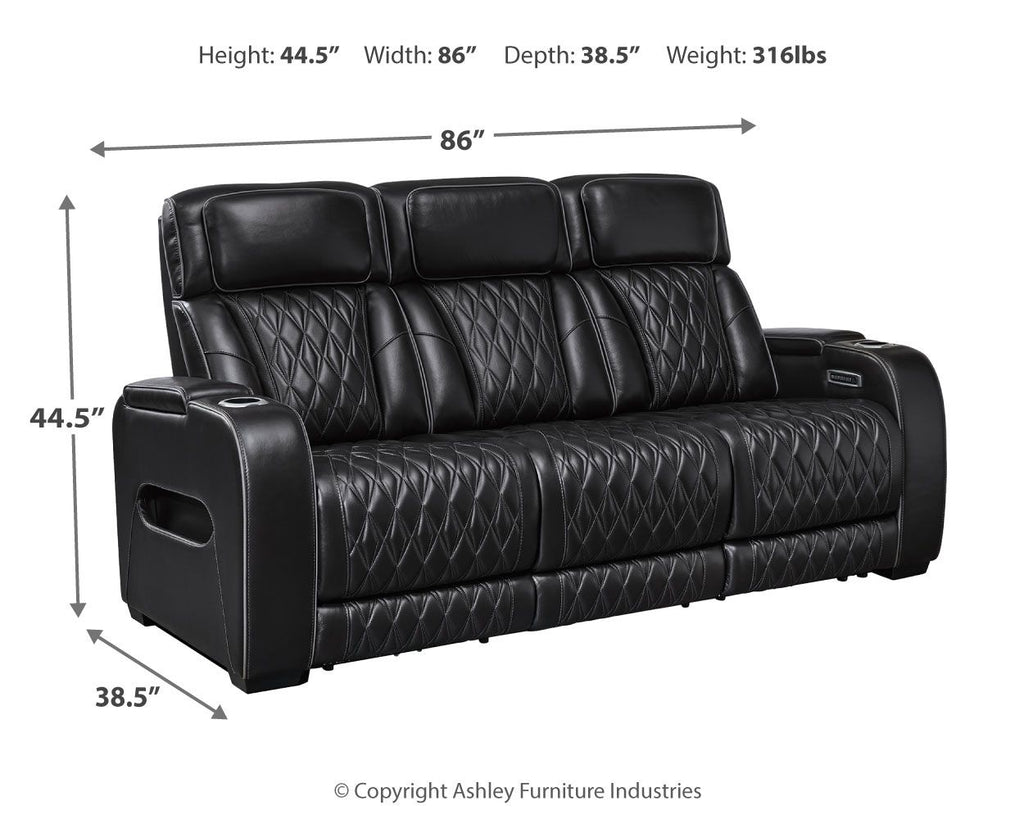Black power reclining sofa with dimensions: 86" wide and 38.5" deep