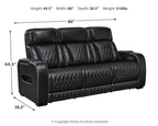 Black power reclining sofa with dimensions: 86" wide and 38.5" deep