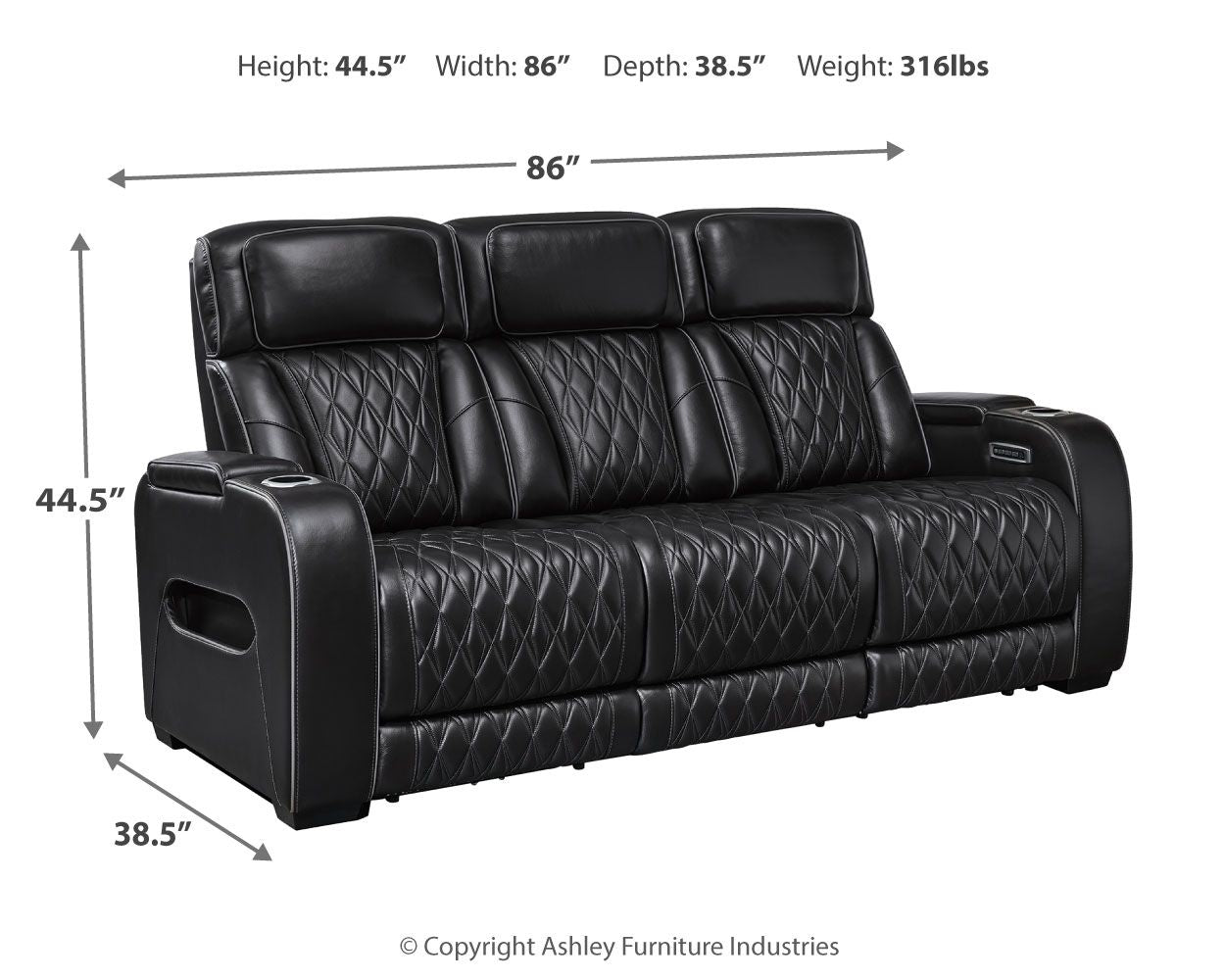 Black power reclining sofa with dimensions: 86" wide and 38.5" deep
