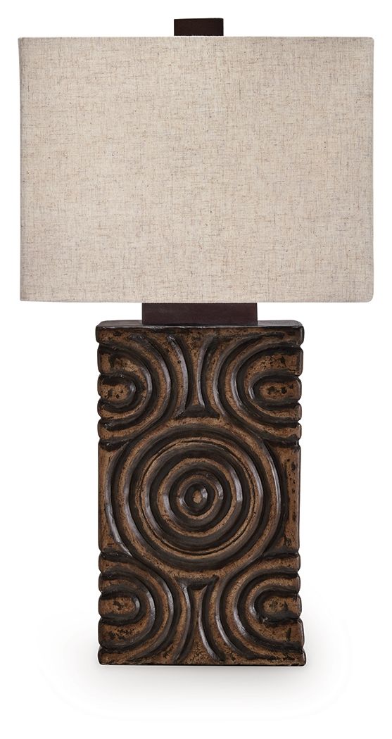 Paper table lamp with beige fabric shade and antique brown swirl base