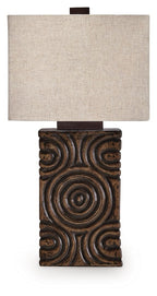 Paper table lamp with beige fabric shade and antique brown swirl base