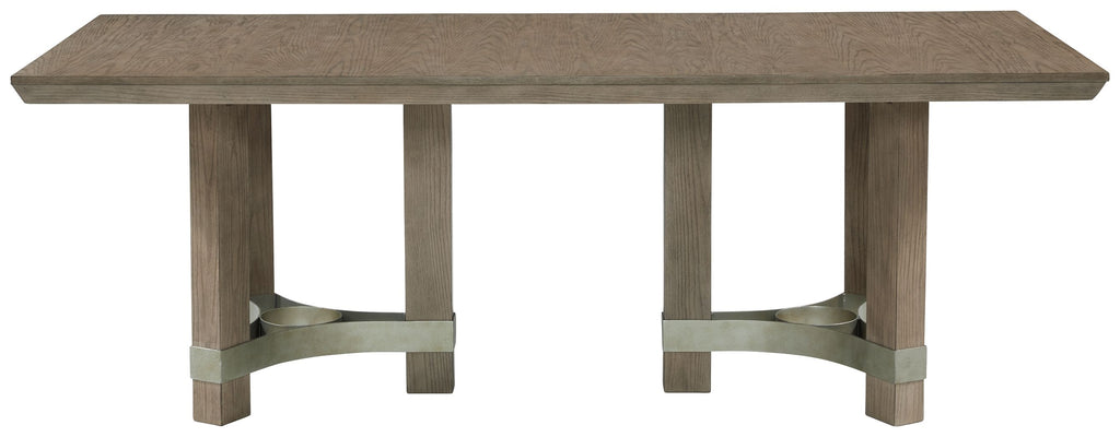 Gray rectangular dining table with straight legs and cross-brace base