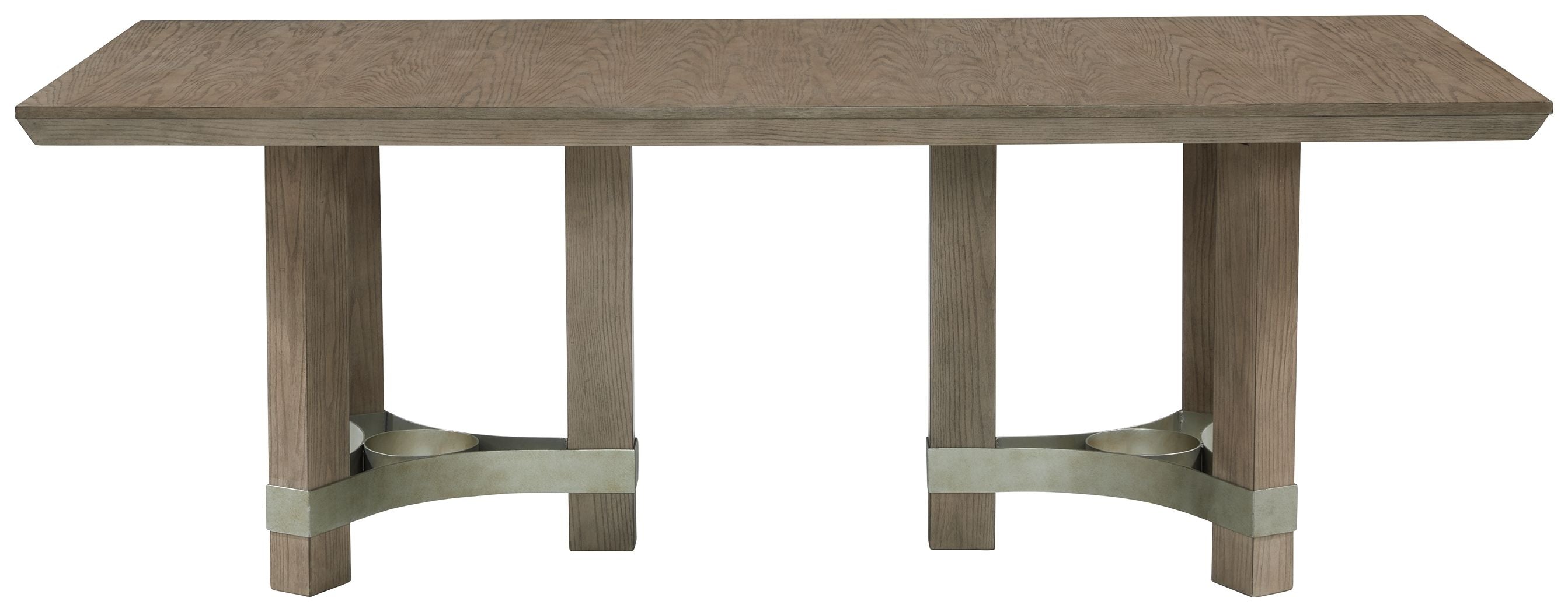 Gray rectangular dining table with straight legs and cross-brace base