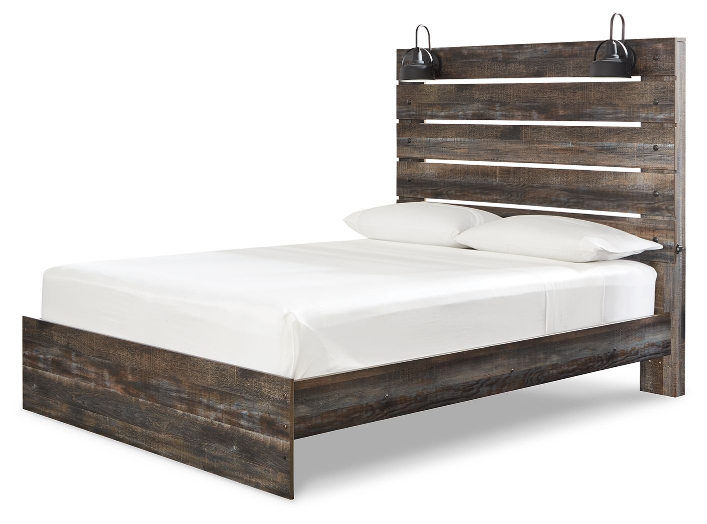 Panel bed with four side drawers in dark distressed wood, white mattress and pillows