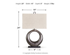 Front view metal table lamp with antique silver ring base and beige rectangular shade