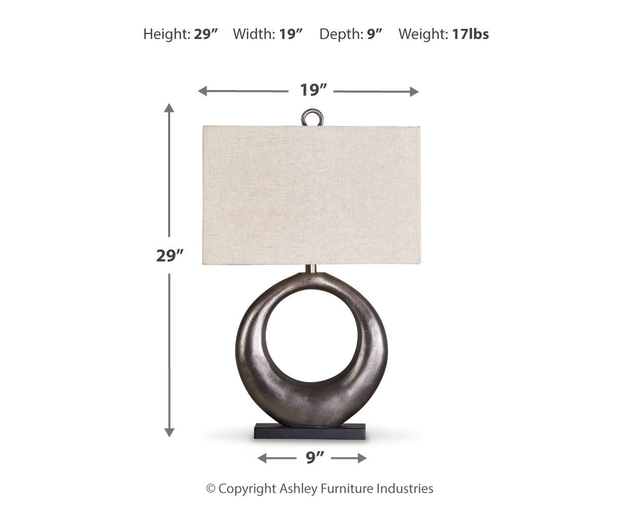 Front view metal table lamp with antique silver ring base and beige rectangular shade