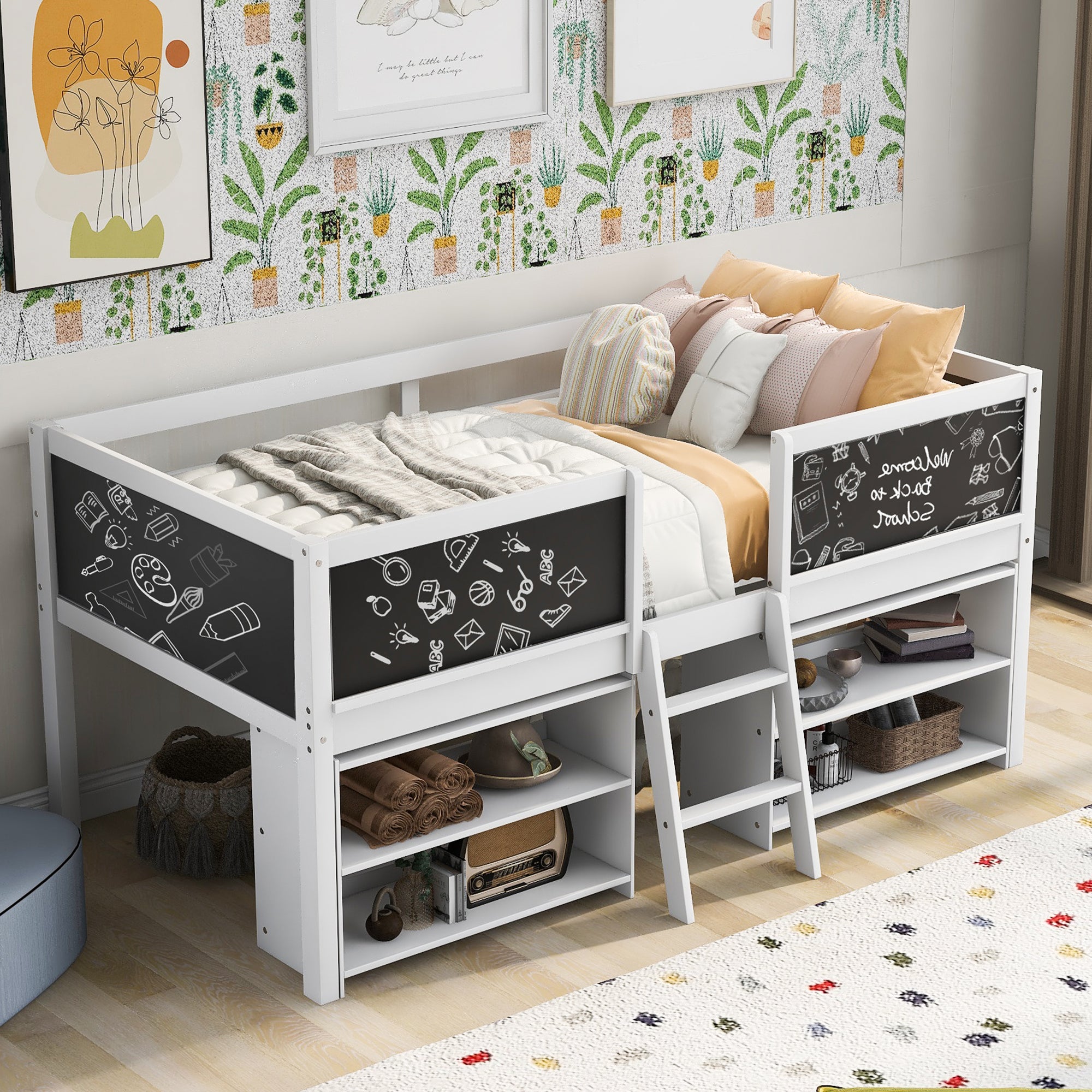 White Twin Low Loft Bed, Shelves, Ladder & Chalkboard