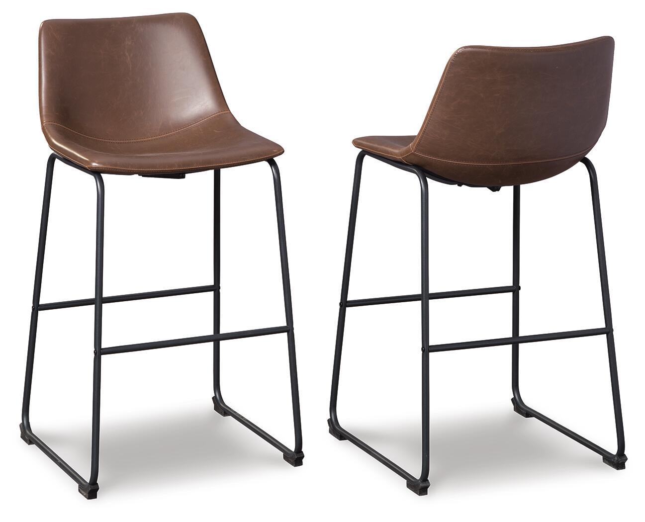 Brown upholstered barstool set of 2 with black metal frame and contoured padded seat
