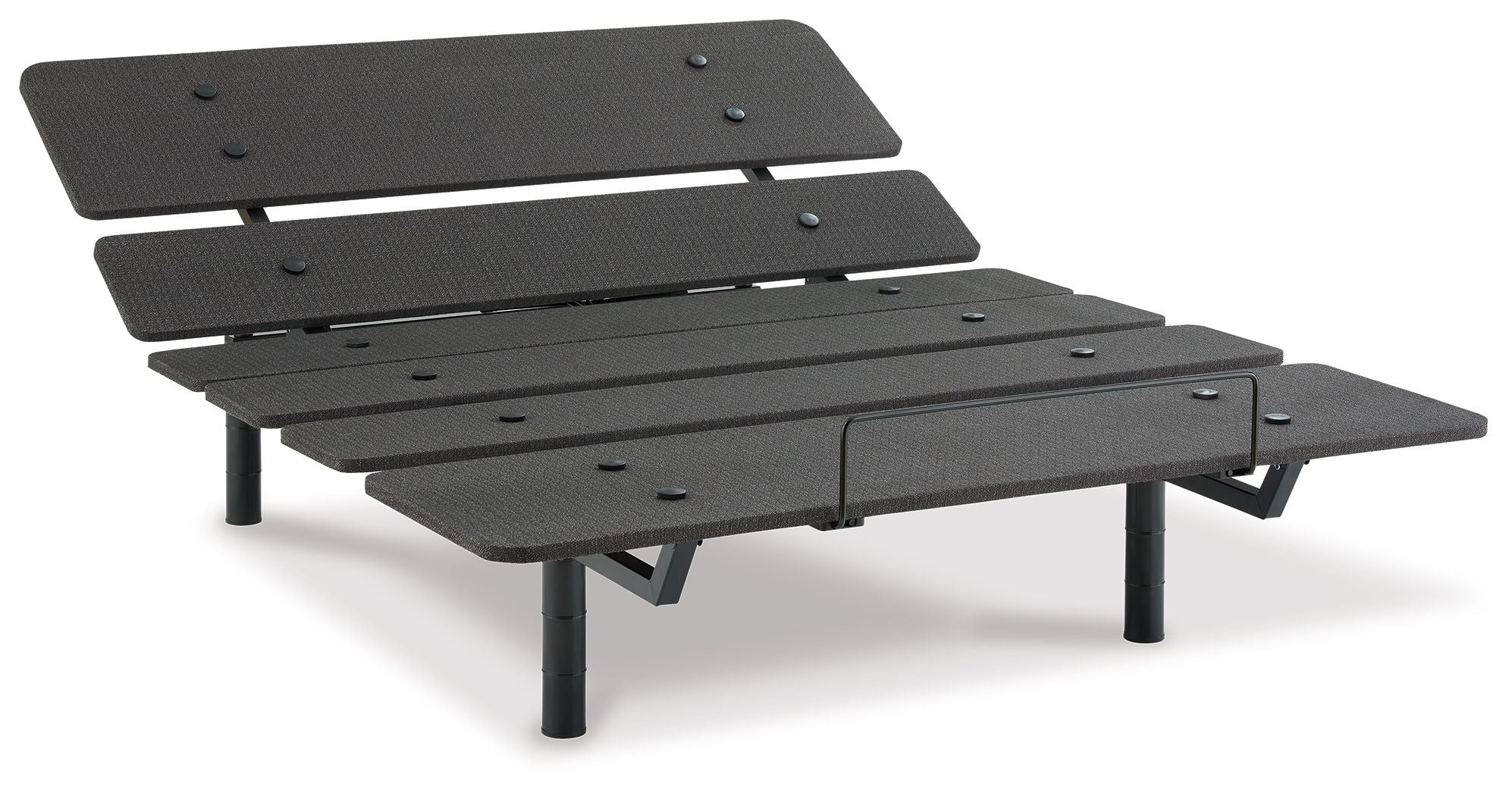 Adjustable bed base in black with layered slats, side lever, and four legs