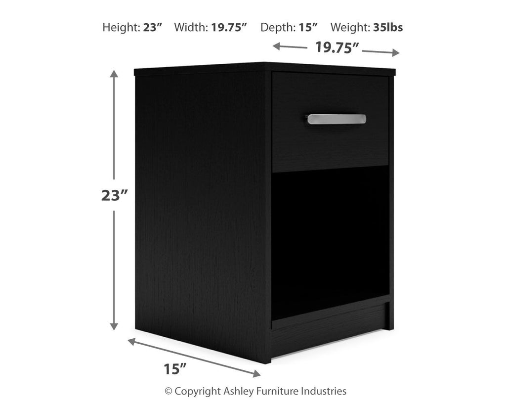 Black one-drawer night stand with metal pull, shown 23 in height