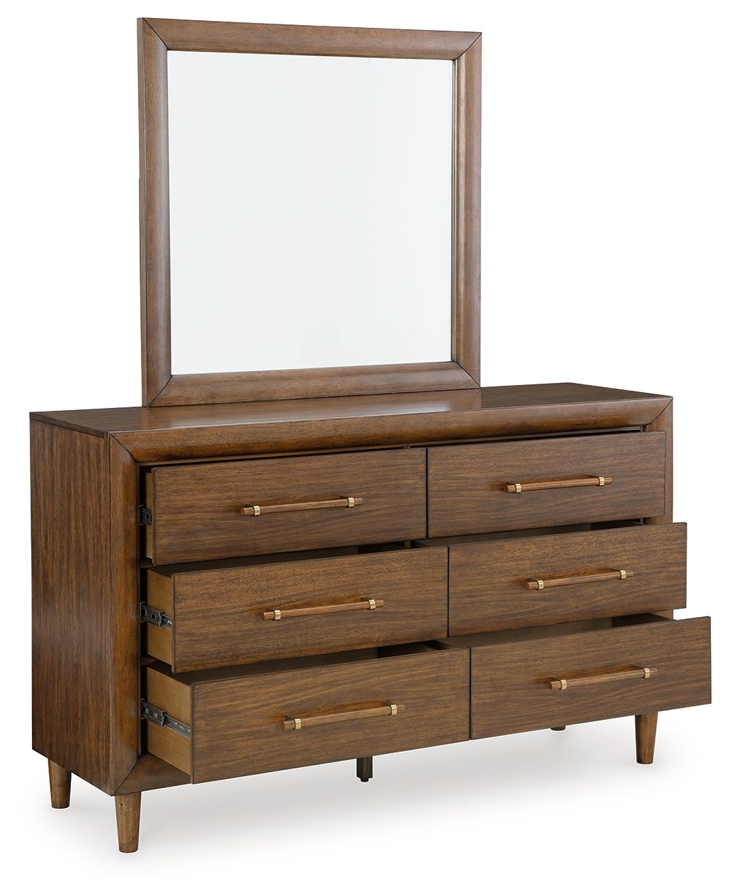 Brown dresser with mirror, four drawers visible, brass bar pulls, tapered feet