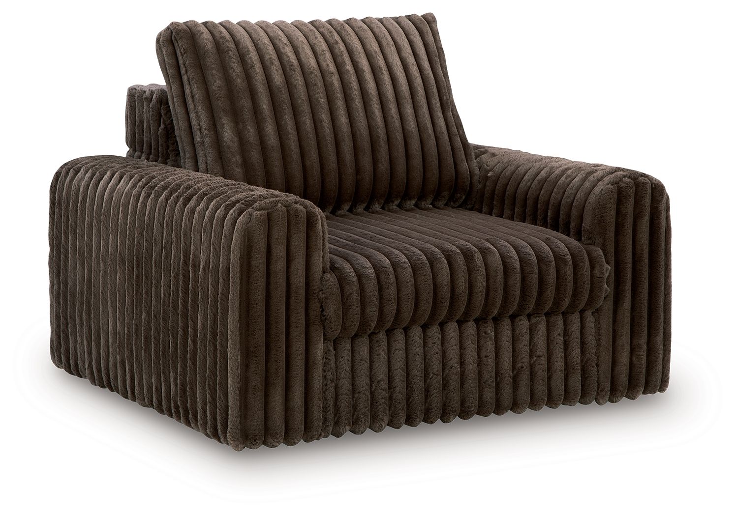 Chocolate corduroy power gliding chaise with wide arms and tall backrest.
