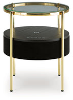 Accent table with speaker, black speaker panel under clear glass top, gold metal frame