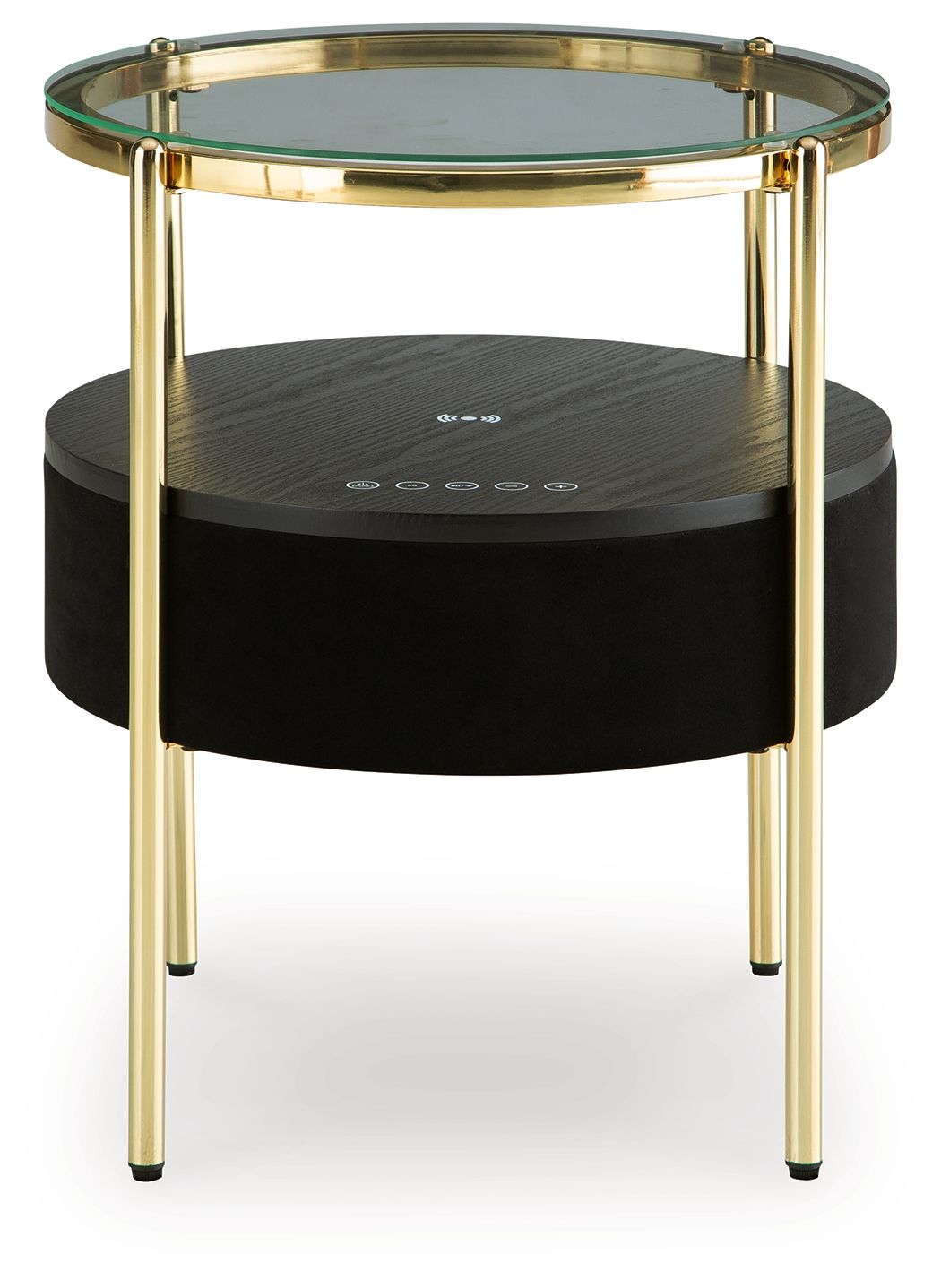 Accent table with speaker, black speaker panel under clear glass top, gold metal frame