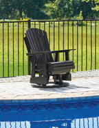 Black swivel glider chair with slat back, armrests, and horizontal seat platform.
