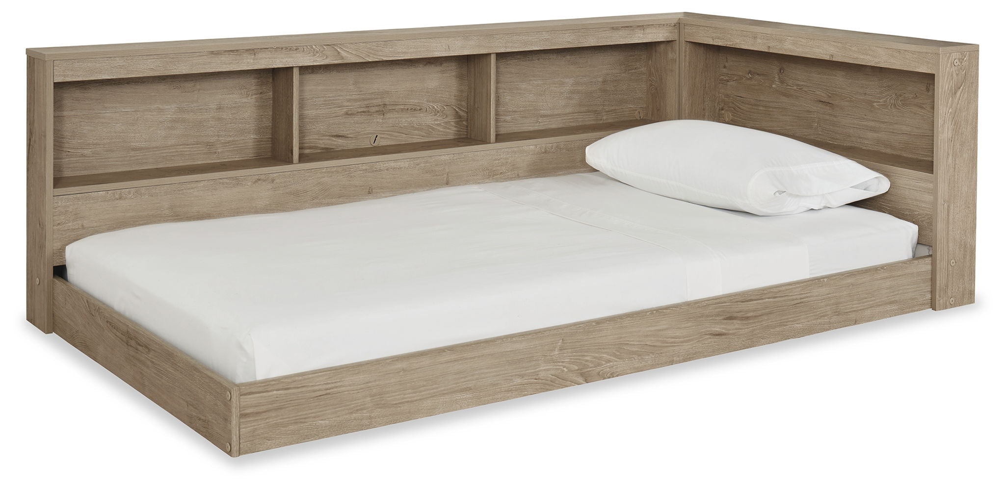 Beige storage bed with paneled headboard and open shelves, white pillows