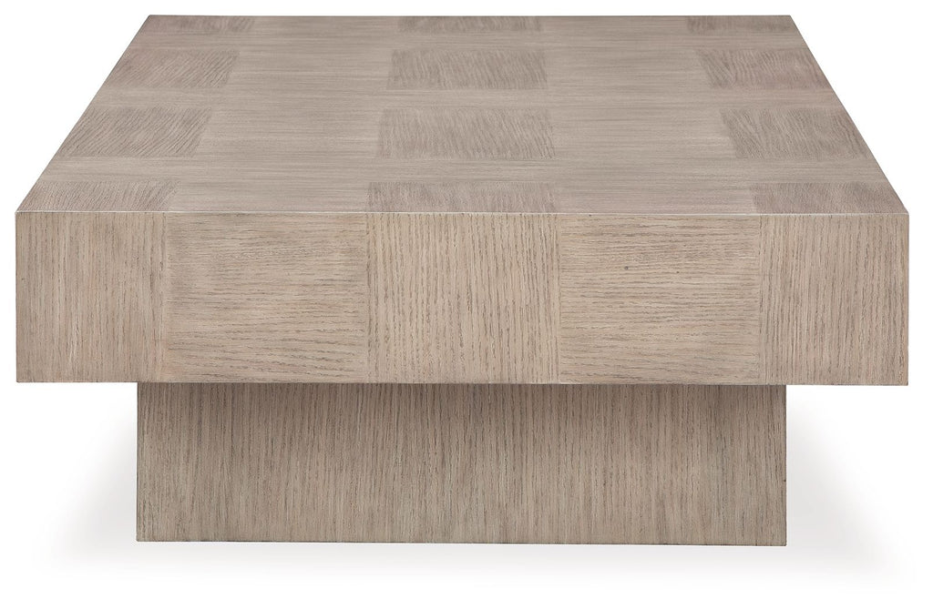 Jorlaina rectangular table top view with light beige wood-look surface and base support