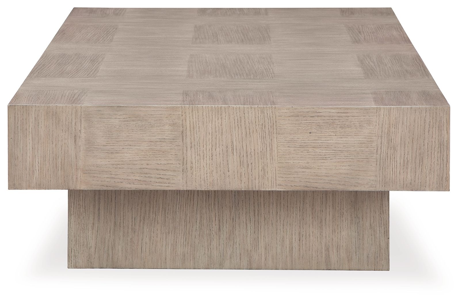 Jorlaina rectangular table top view with light beige wood-look surface and base support