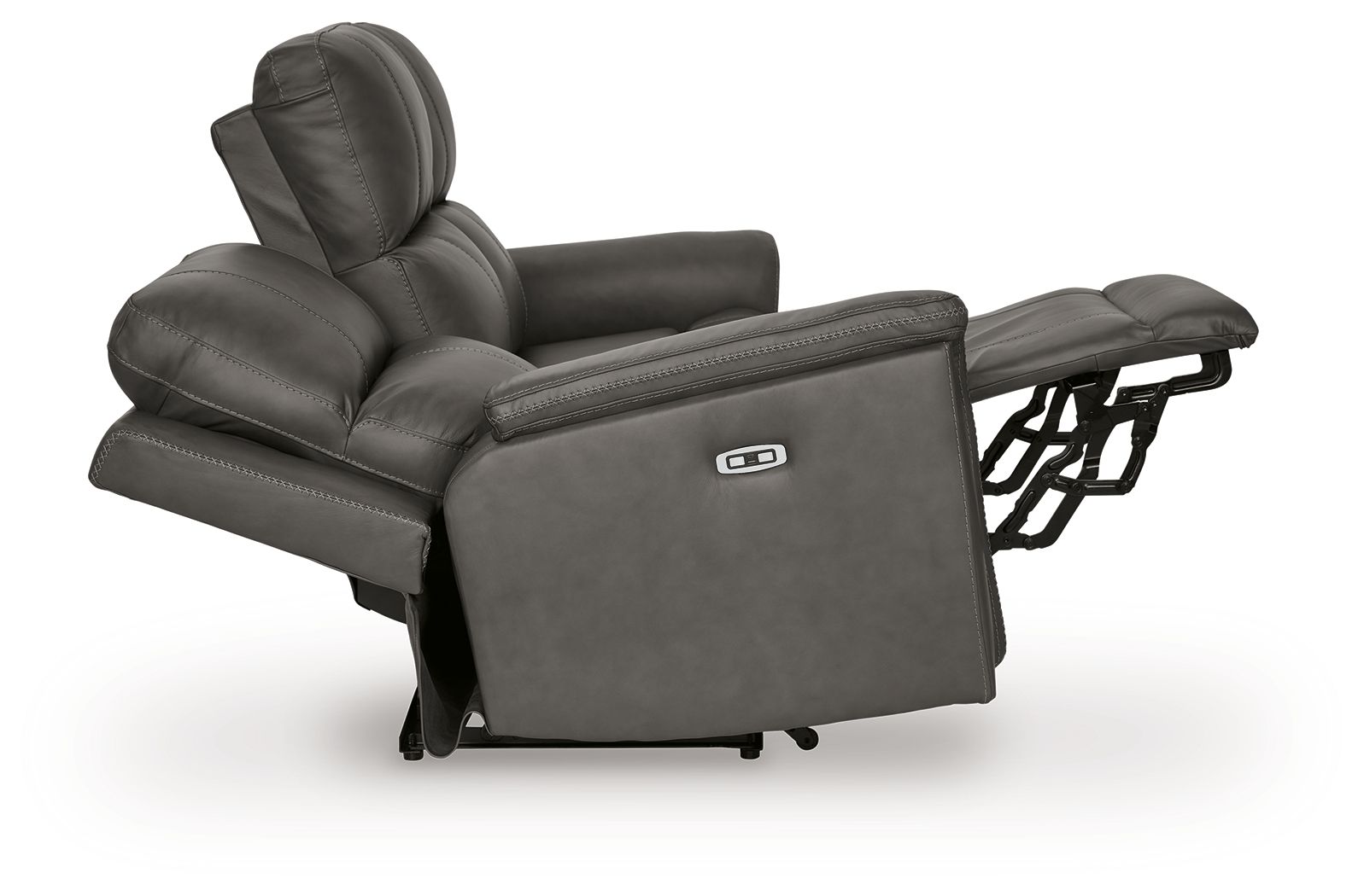 Gray power reclining sofa showing extended footrest and adjustable headrest