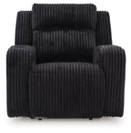 Black corduroy recliner with adjustable headrest, front view