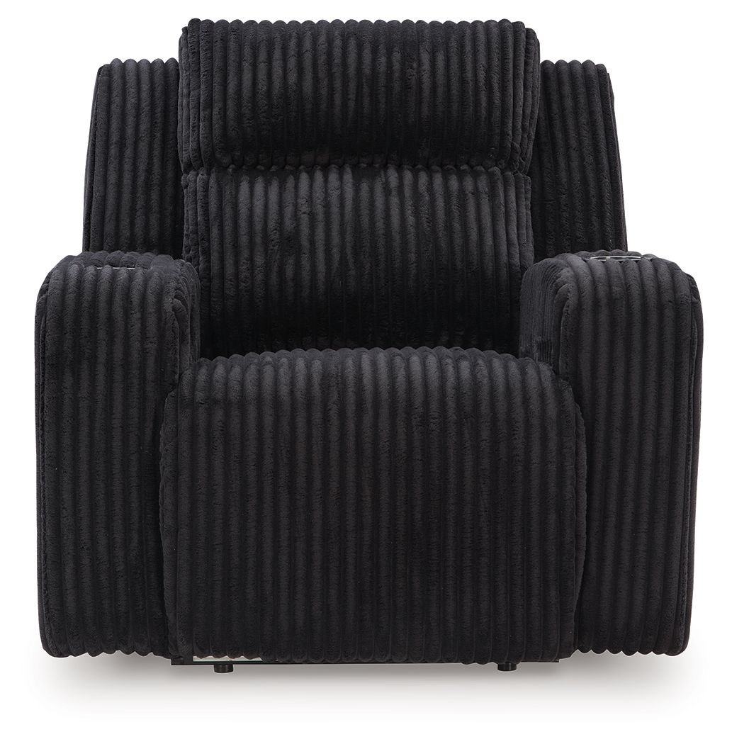 Black corduroy recliner with adjustable headrest, front view