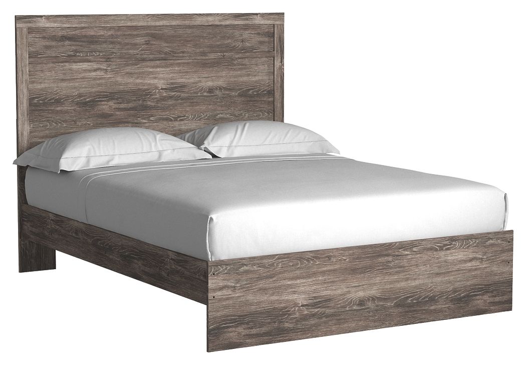 Dark gray wood panel bed with headboard and footboard, gray upholstered mattress