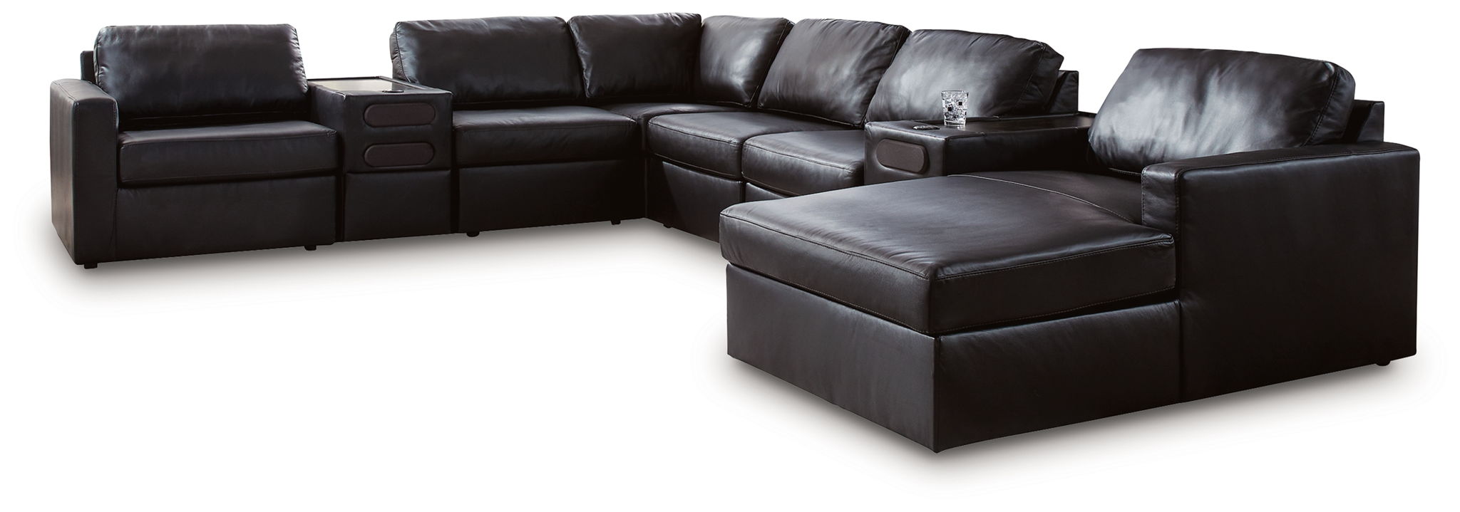 Black sectional sofa with chaise and multiple back cushions
