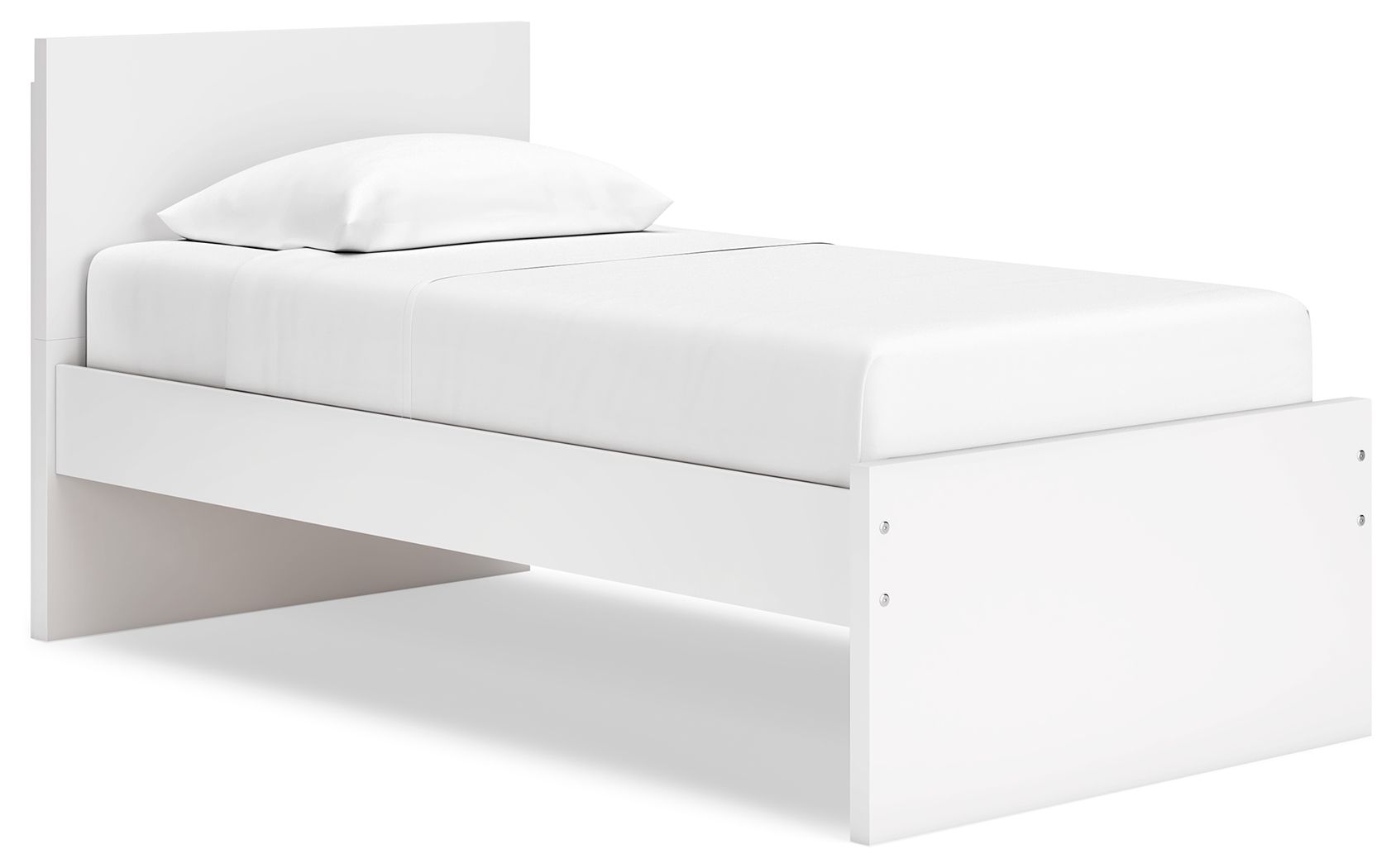 White panel platform bed with headboard and side storage drawer opening.