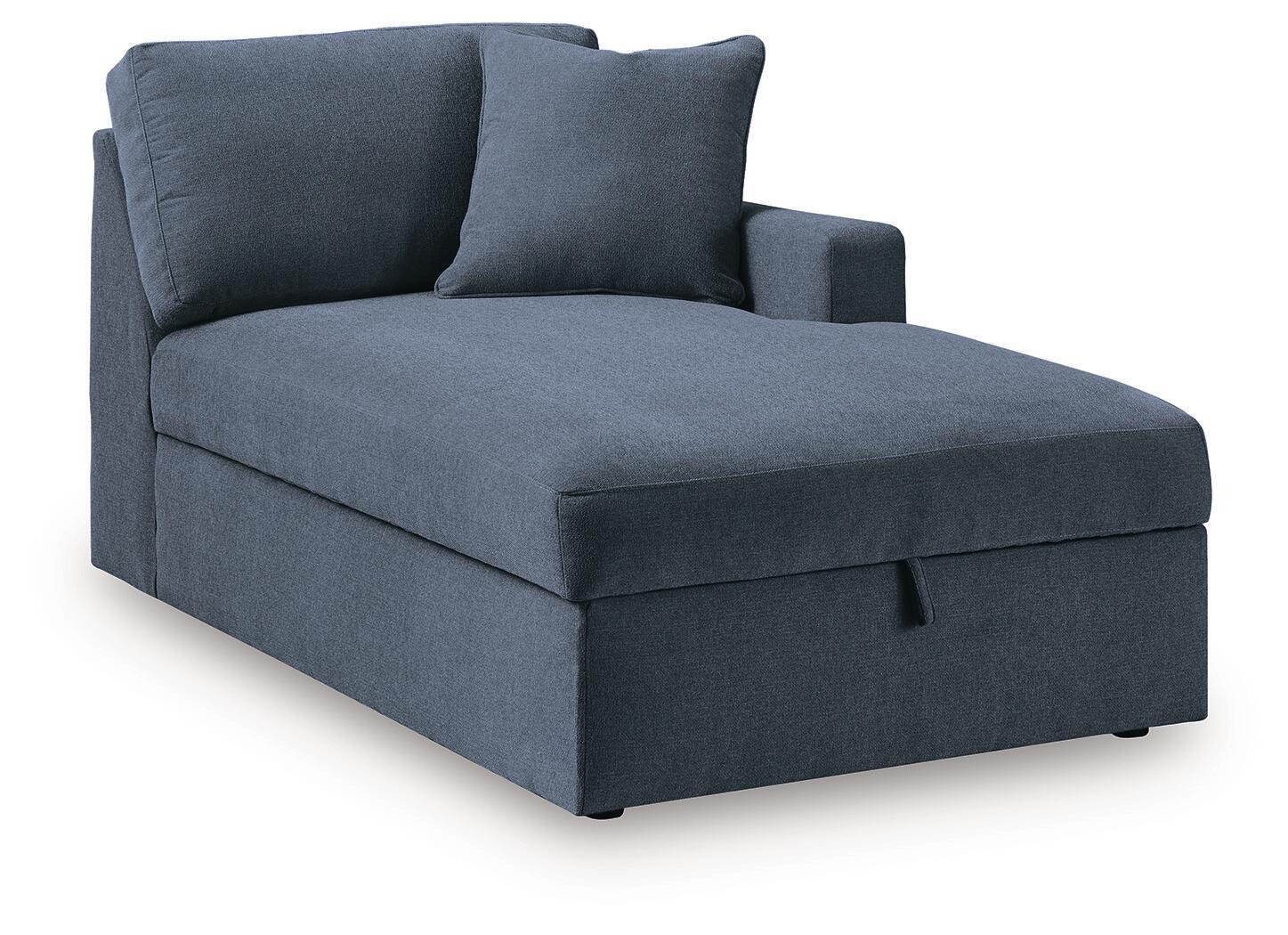 Ink blue corner chaise with storage, right-arm facing, upholstered fabric