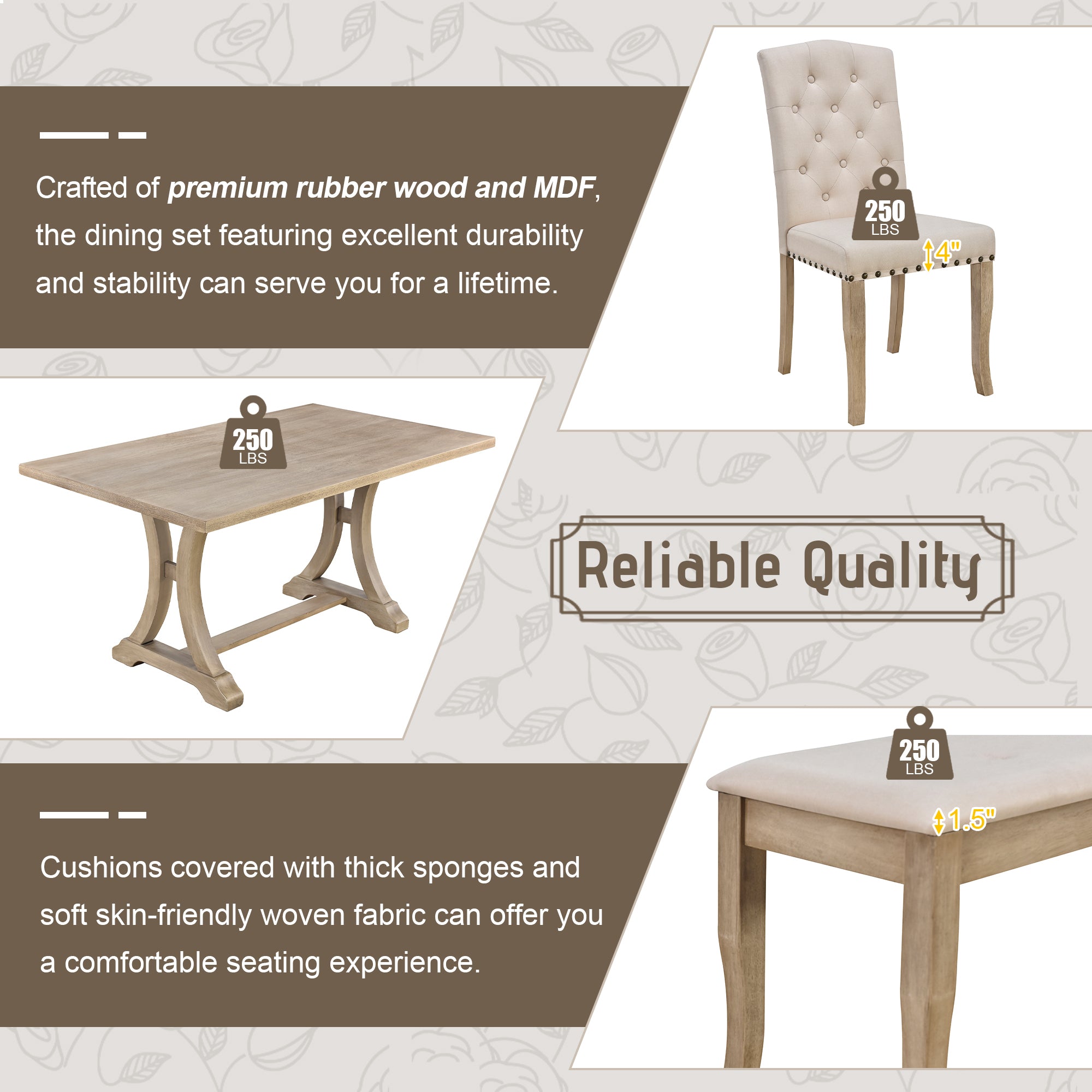 6-Pc Farmhouse Dining Set (Natural Wood)