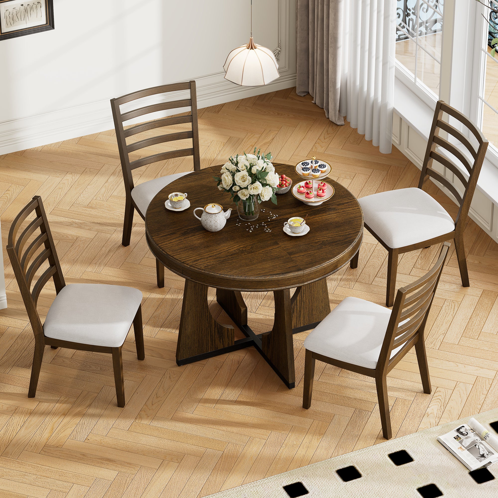 5-Pc Retro Rustic Dining Set (Walnut)