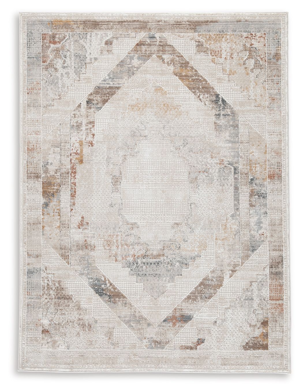Geometric area rug with distressed gray and beige pattern and bordered design.