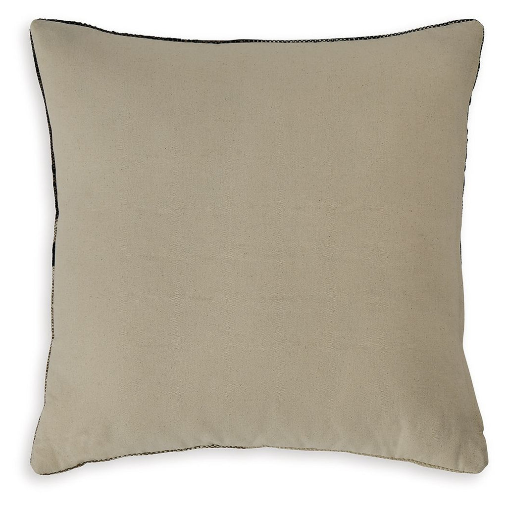 Plain beige square throw pillow with textured fabric and dark edge stitching