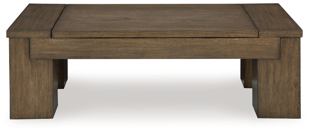 Warm brown lift-top cocktail table with hinged top panel