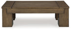 Warm brown lift-top cocktail table with hinged top panel