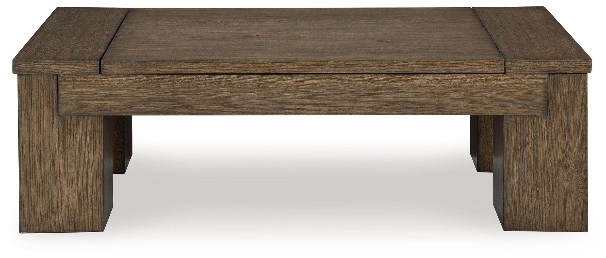 Warm brown lift-top cocktail table with hinged top panel