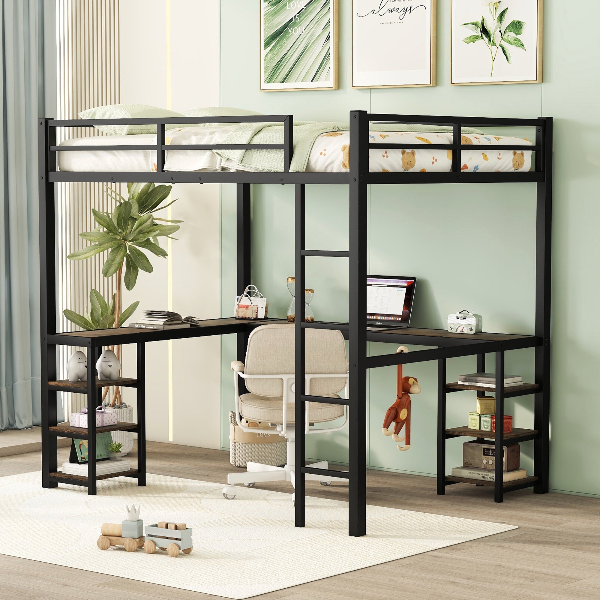 Full Metal Loft Bed with Desk, Shelves, Ladder, Guardrails, Black