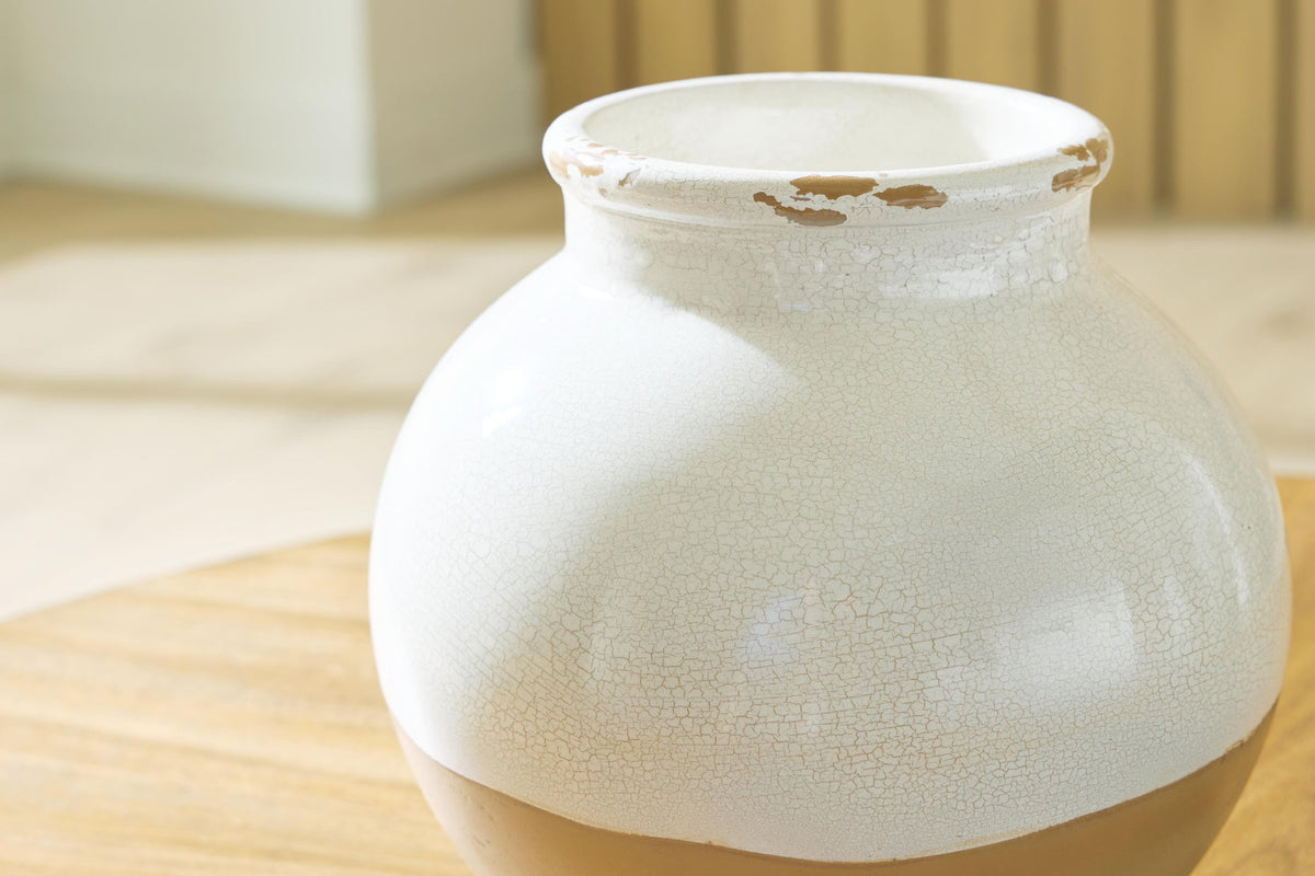 Vercott white ceramic vase with crackle glaze, close view of rounded neck and rim