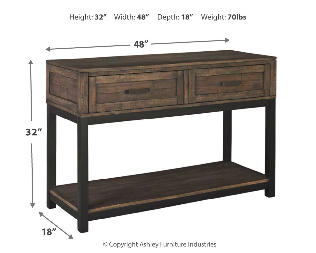 Grayish-brown sofa table with two drawers and lower open shelf, dark wood finish