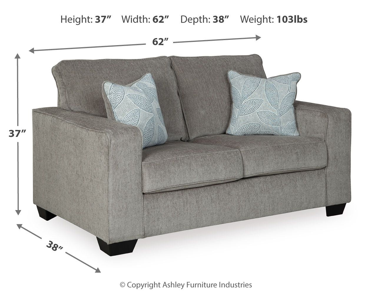 Light gray stationary loveseat with light blue patterned throw pillows and boxed seat cushions